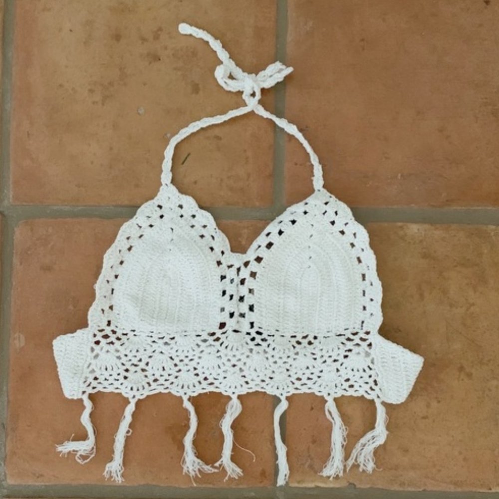 Cream Crochet Fringe Festival Bralette Top 12th Tribe Boho Beach Desert Vibes